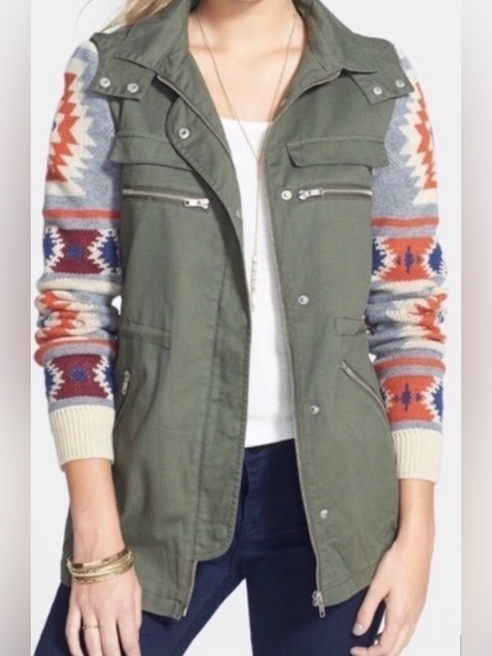 Thread Supply Womens Sz L Green Cargo Jacket Southwest Aztec Knit Sleeves Hood